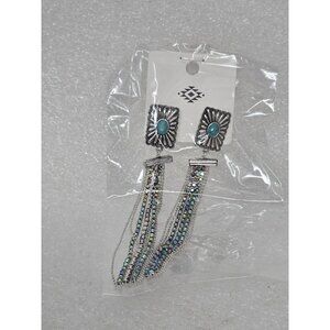 South Western Silver Tone & Fayx Turquoise Dangle Earrings Rhinestone Chains